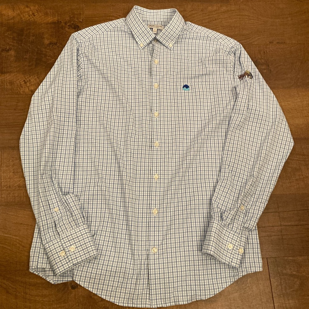 Peter Millar Summer Comfort Light Blue Plaid Shirt w/ Embroidery Men’s L